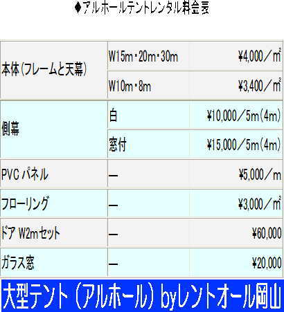 大型テントレンタル料金表
